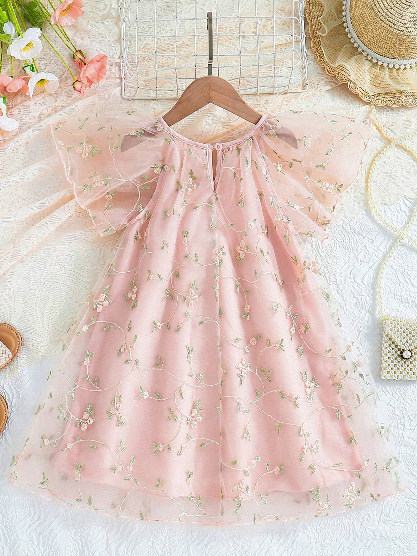 Young Girls' Mesh Embroidery Dress with Ruffle Hem