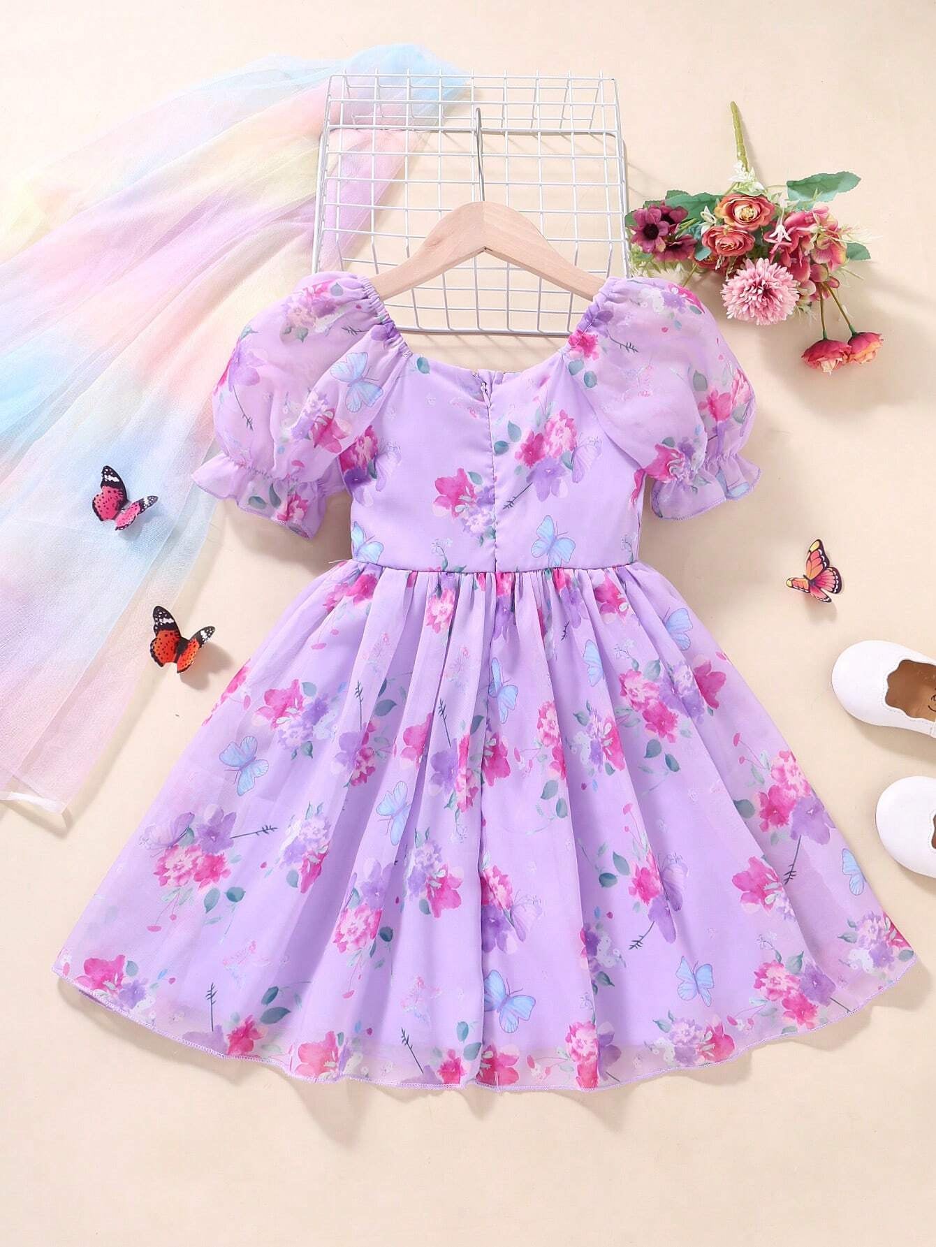 Young Girl'S Floral Printed Puff Sleeve Dress