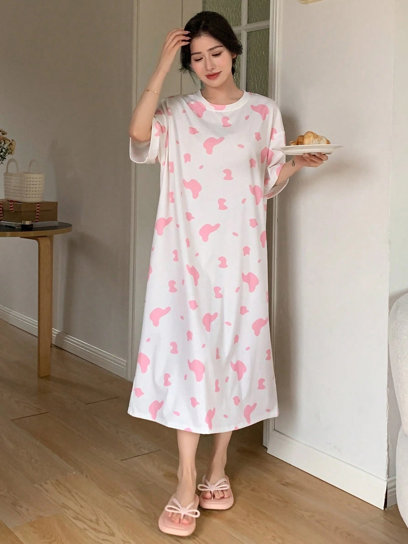 DAZY Women Cute T-Shirt Style Milk Cow Print Nightdress