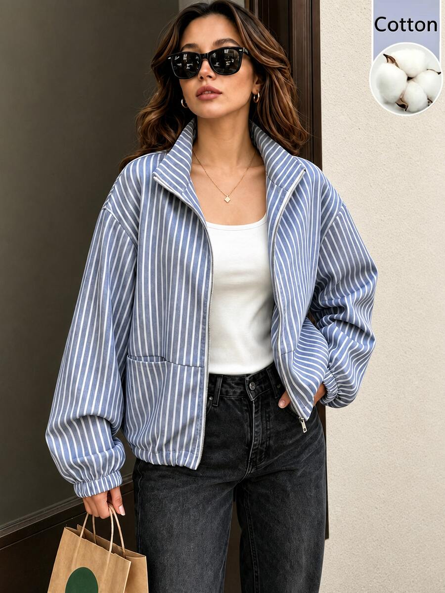 SHEIN Cévolie جاكيت نسائي خفيف بطبعة زرقاء وبيضاء وسحاب