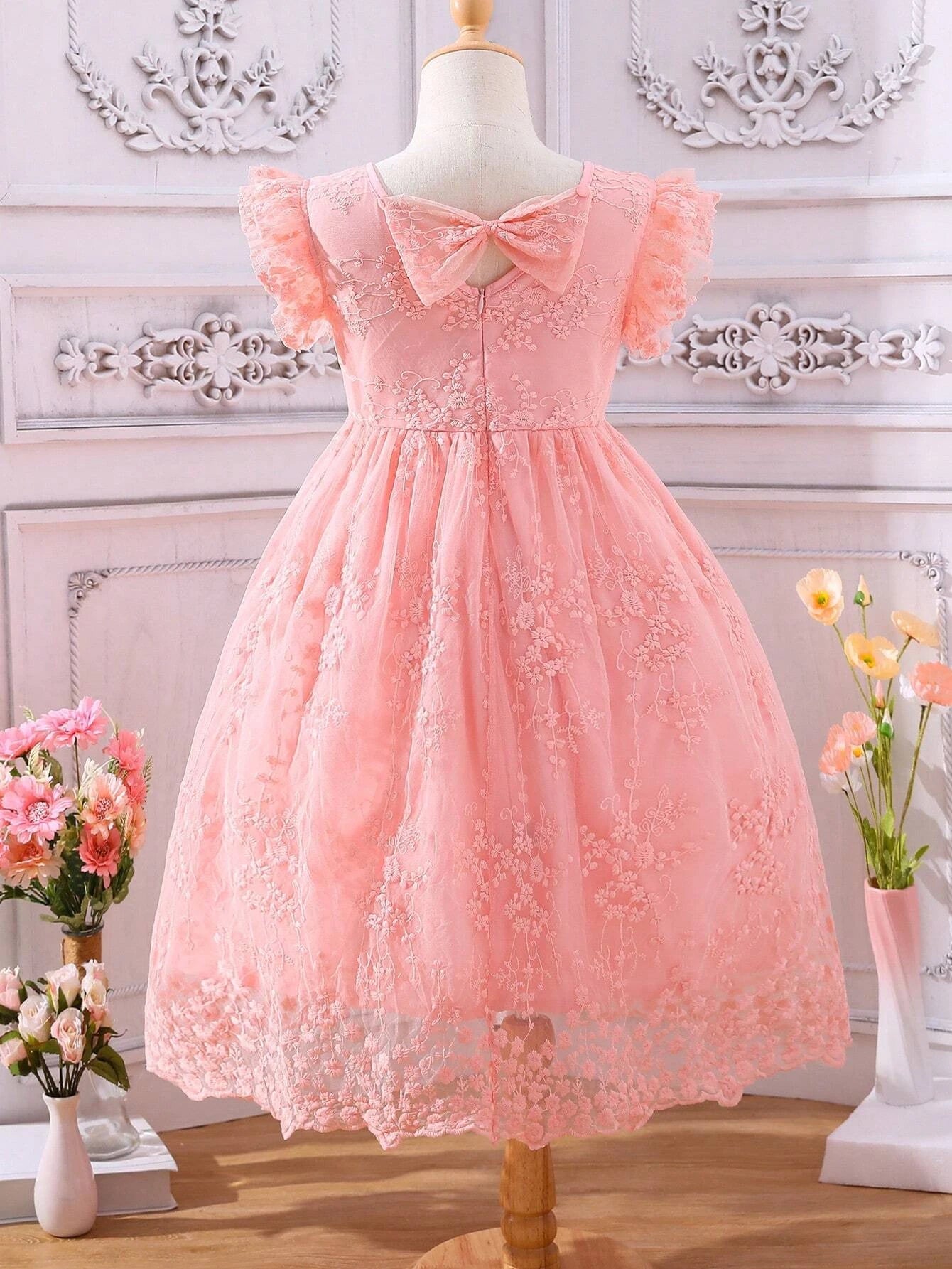 Young Girl Bow Back Ruffle Trim Lace Overlay Dress