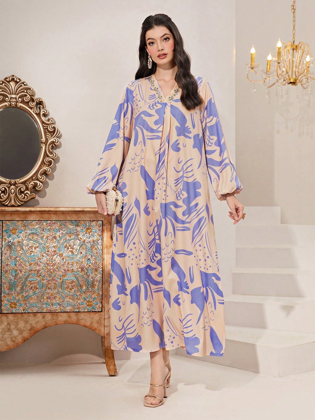 Najma Floral Print Lantern Sleeve Dress