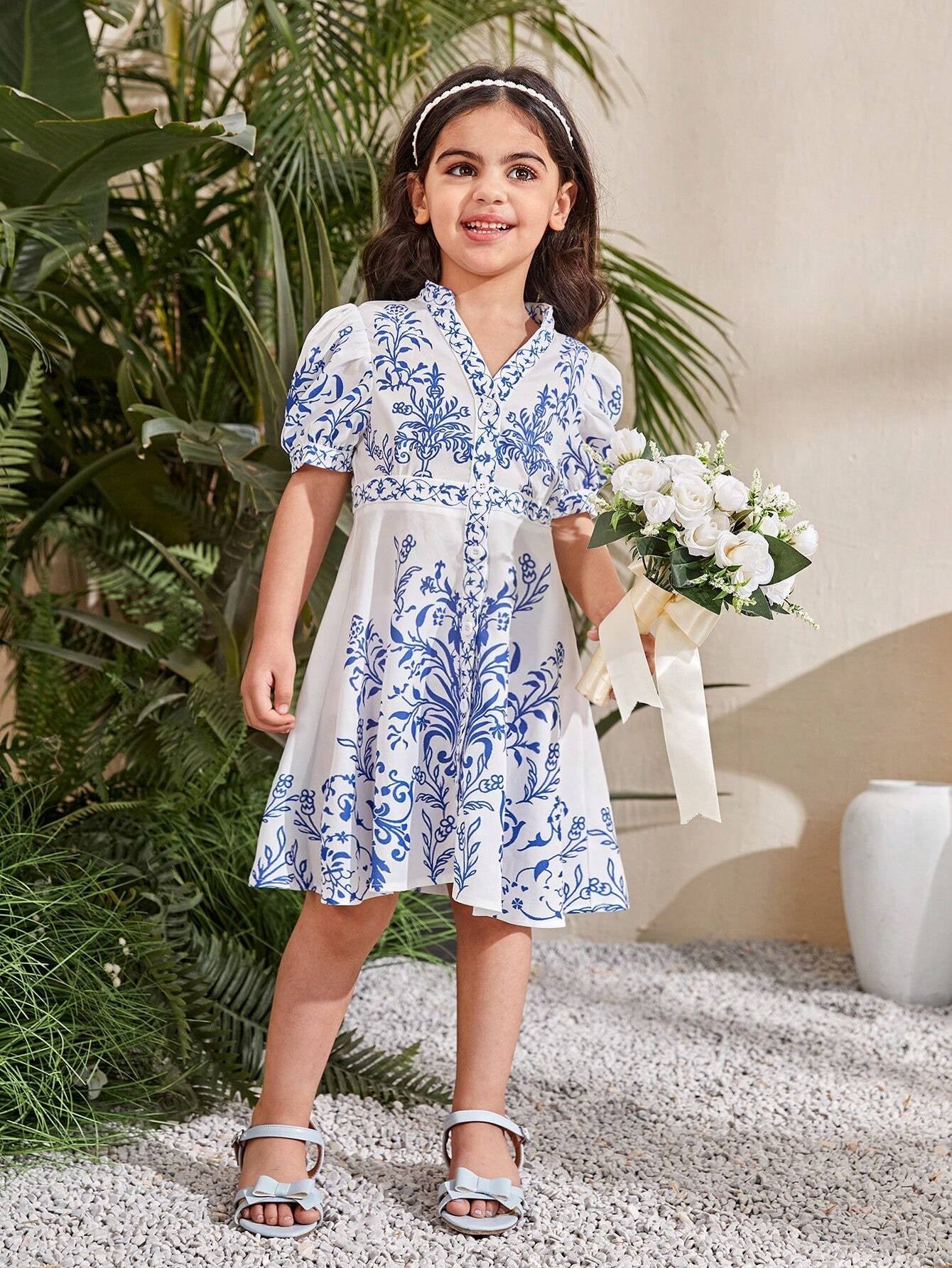 Young Girls' Floral Print Notch Collar Casual Holiday Dress