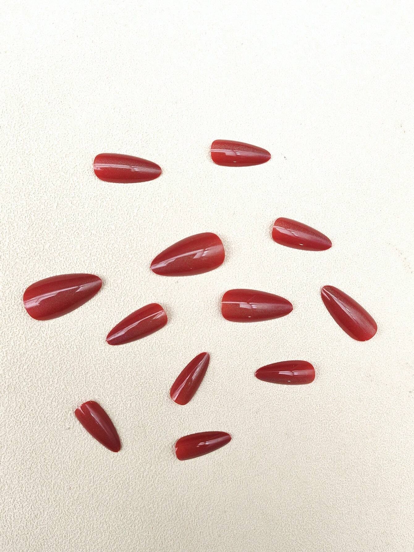 24Pcs High-Grade Large Red Cat Eye & Trendy Almond-Shaped False Nails Set for European & American Styles + 1Pc Jelly Glue + 1Pc Nail File