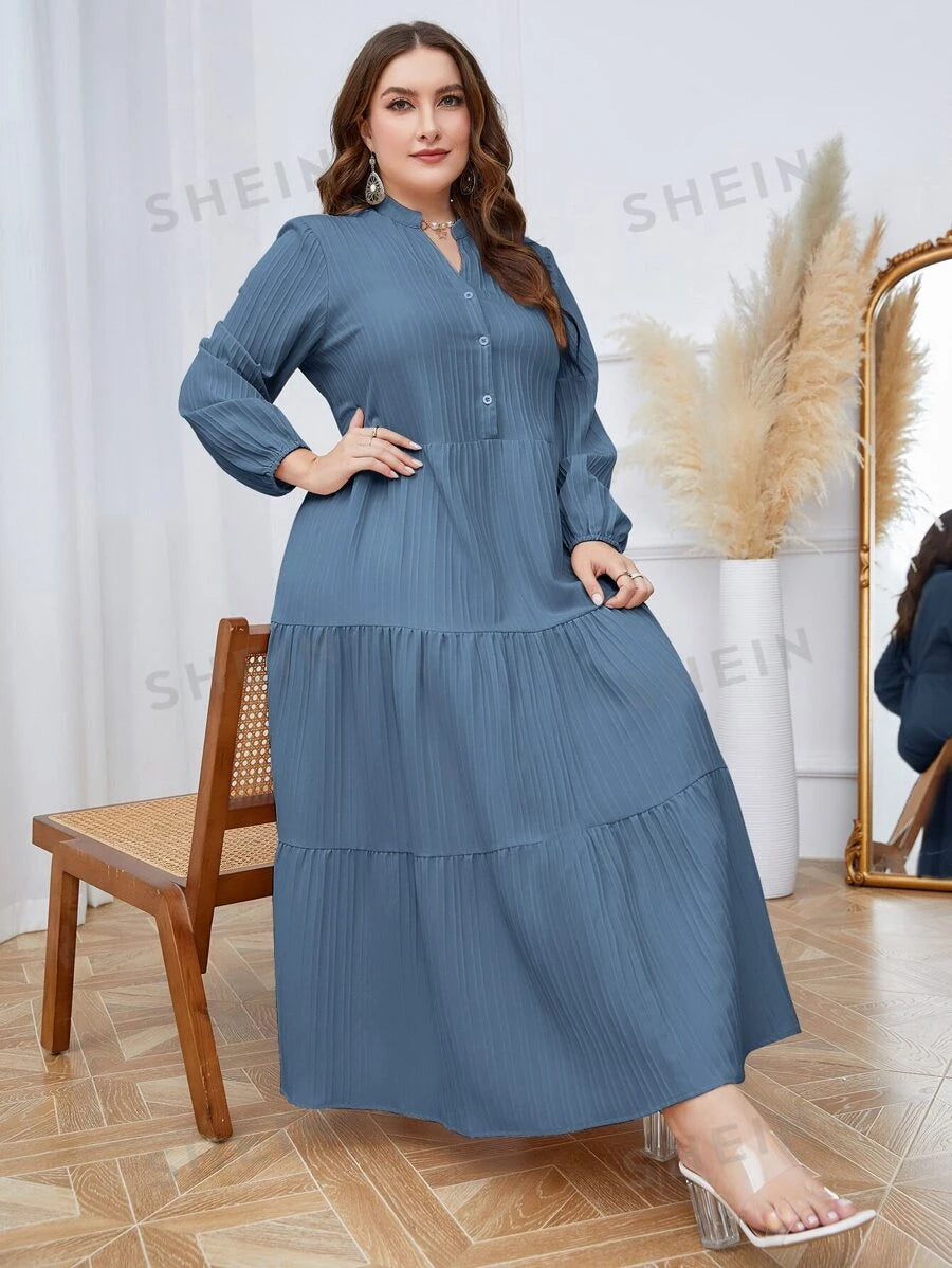 SHEIN Mulvari فستان سموك خط عنق مفتوح حافة مكشكشة مقاس كبير