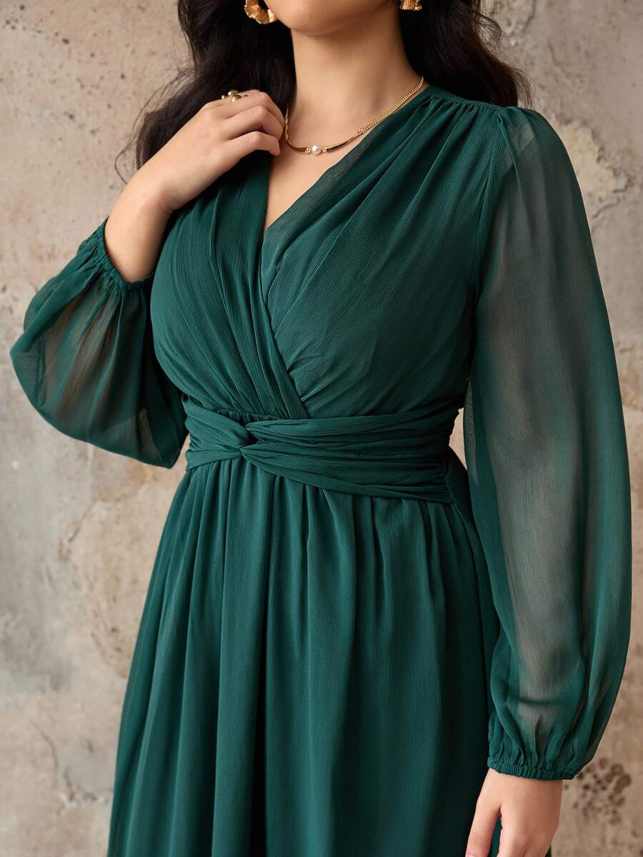 SHEIN Roveilla فستان شيفون مطوي بخصر لف وأكمام فانوس شفافة