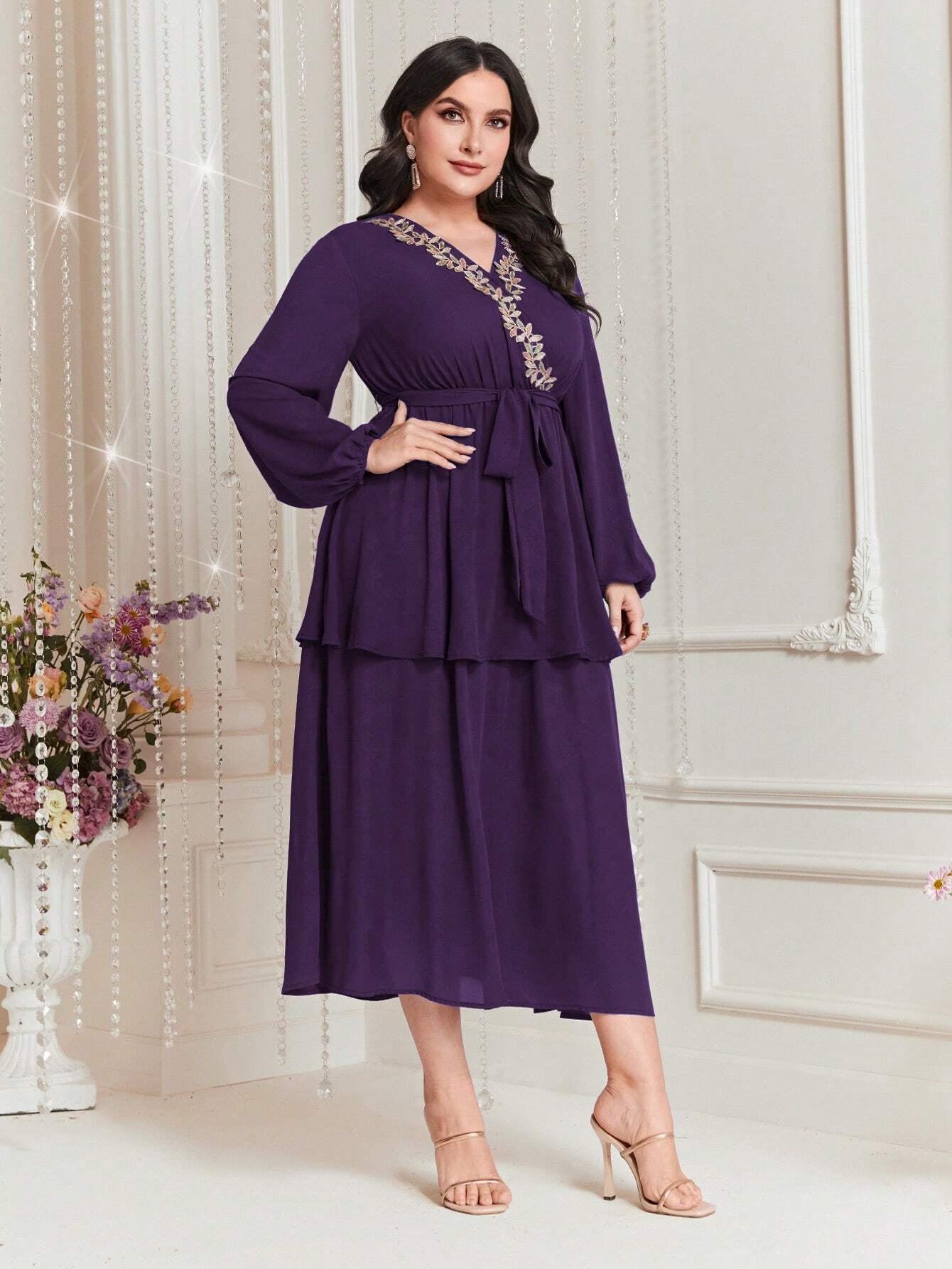 Modely plus Size Embroidered Decor Lantern Sleeve Dress
