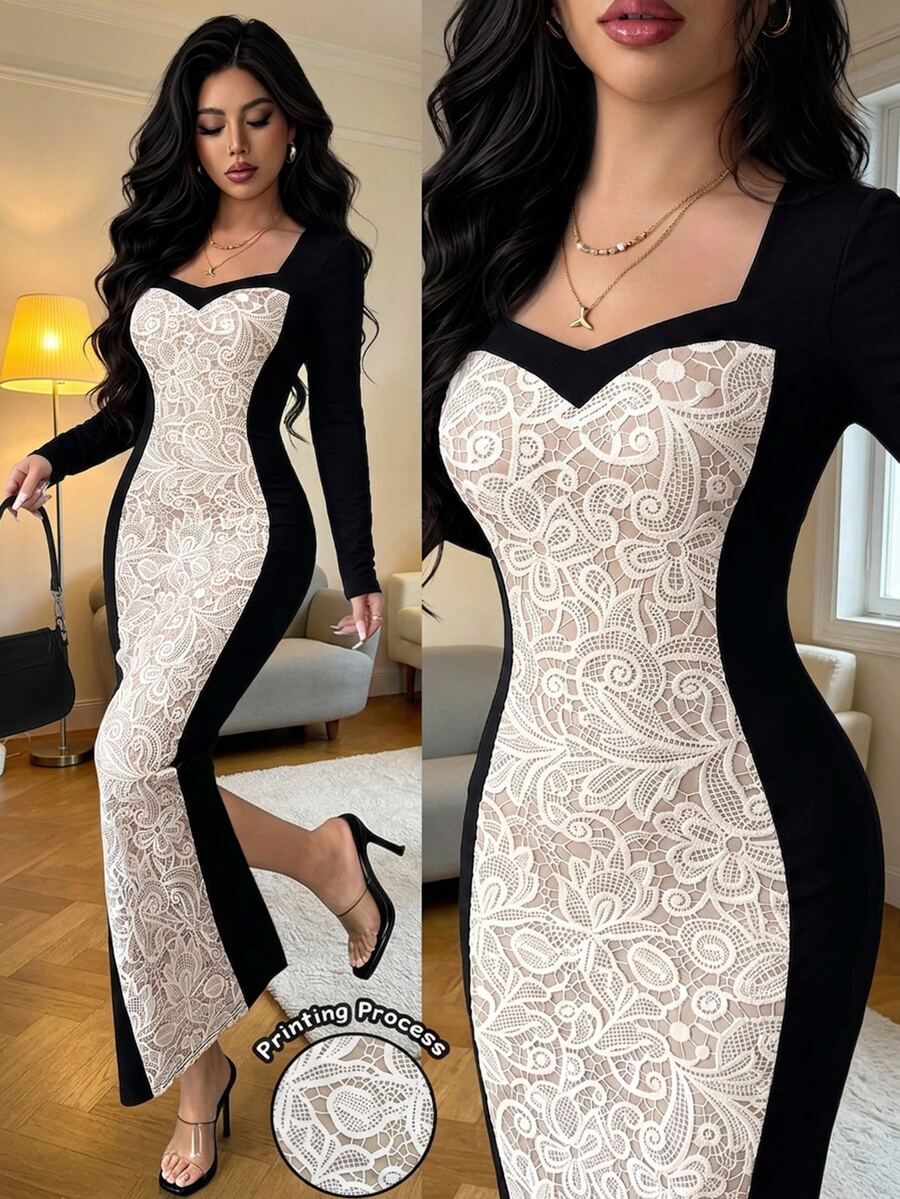 SHEIN Elenzga فستان أسود مطبوع برقعات دانتيل وأكمام طويلة