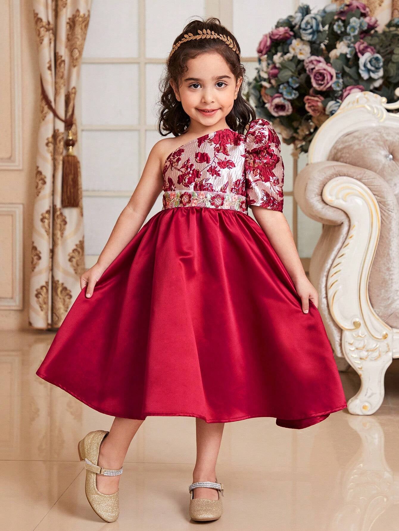 Young Girls' Pretty Stylish Jacquard Splice Oblique-Shoulder Puff Sleeve Mid-Length Dress with A-Line Hem