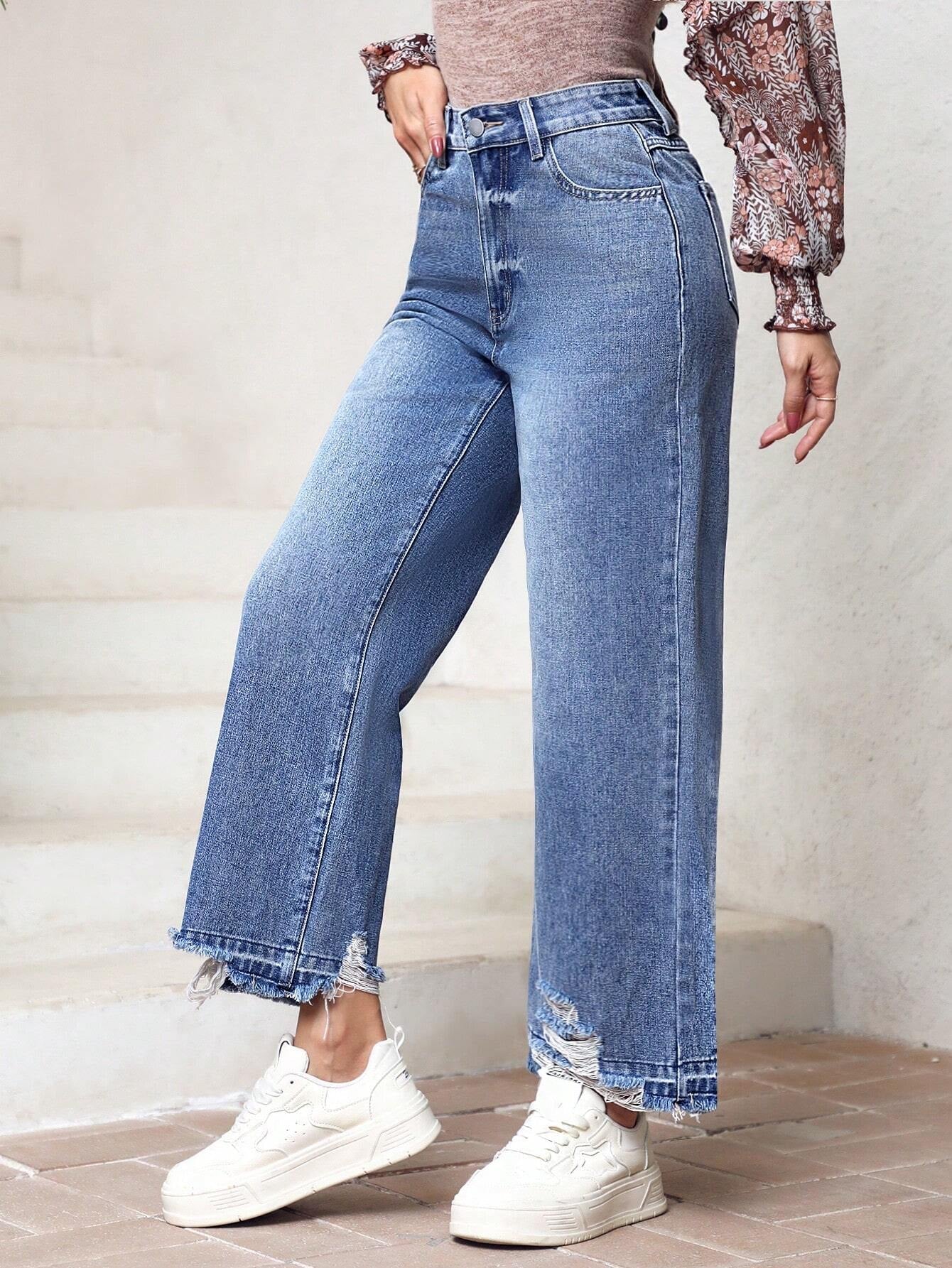 LUNE Distressed Straight Leg Denim Jeans