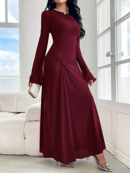 SHEIN Modely فستان عنابي طويل مع كشكشة و كم طويل واسع