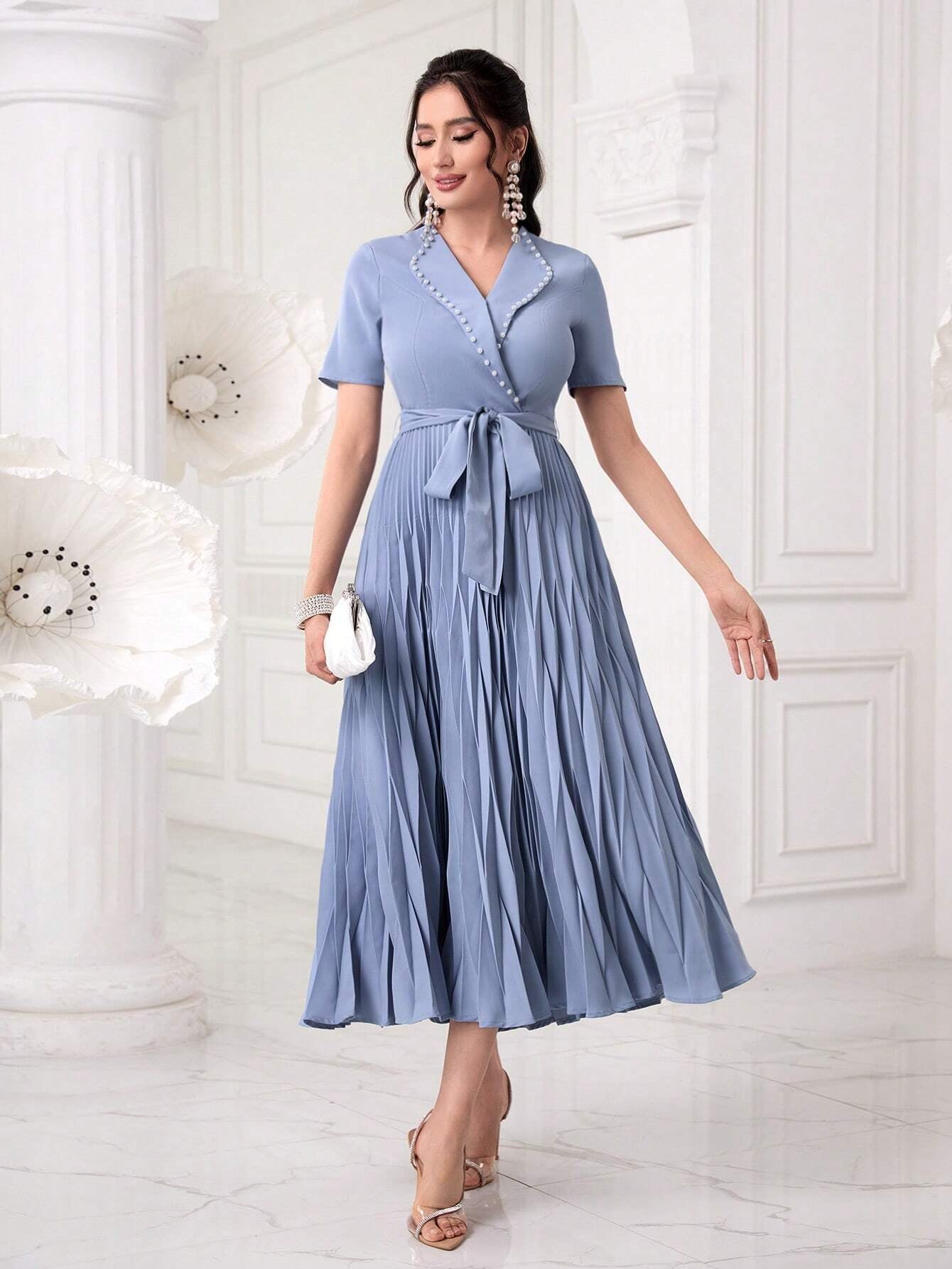 Modely Pearls Beaded Detail Belted Pleated Hem Dress