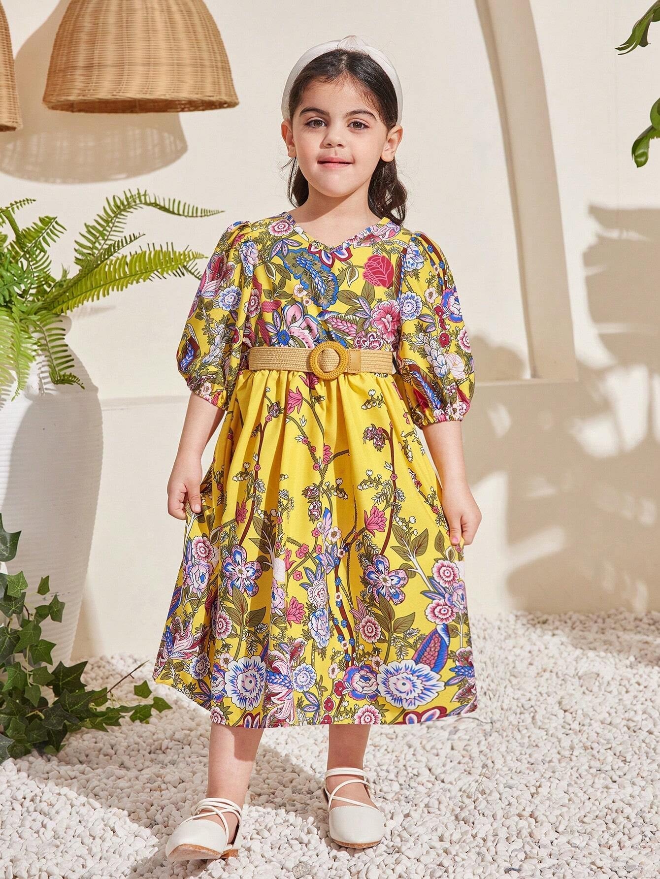 Young Girl Floral Printed V-Neck Puff Sleeve Dress