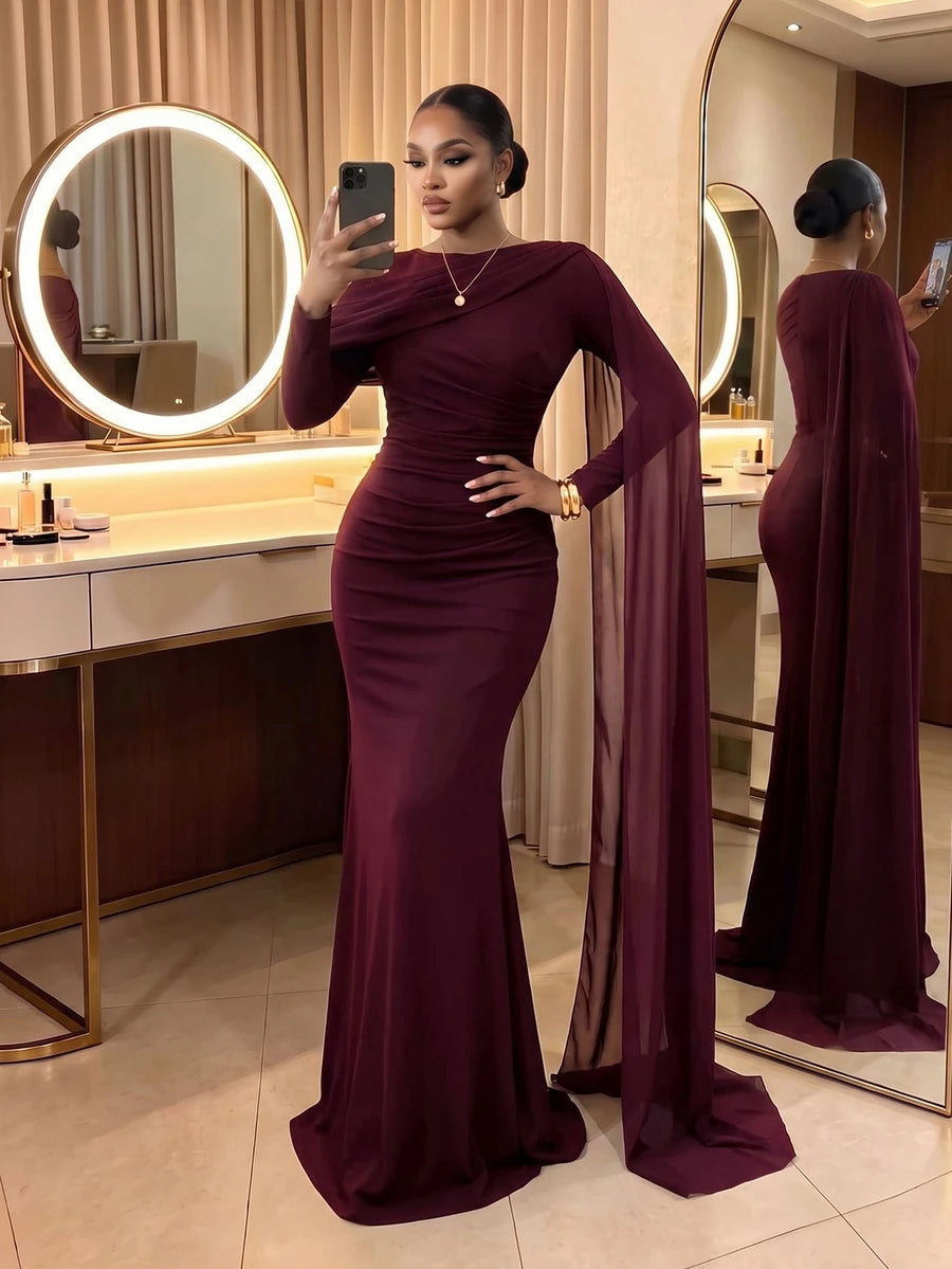 SHEIN Lady CURVE فستان سهرة عنابي للمقاسات الكبيرة بطيات وخصر محدد