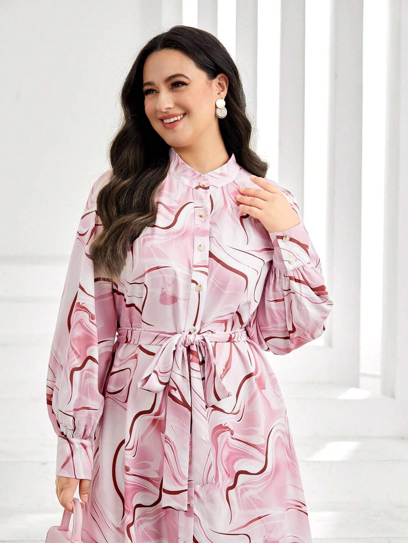 Mulvari plus Allover Print Belted Shirt Dress