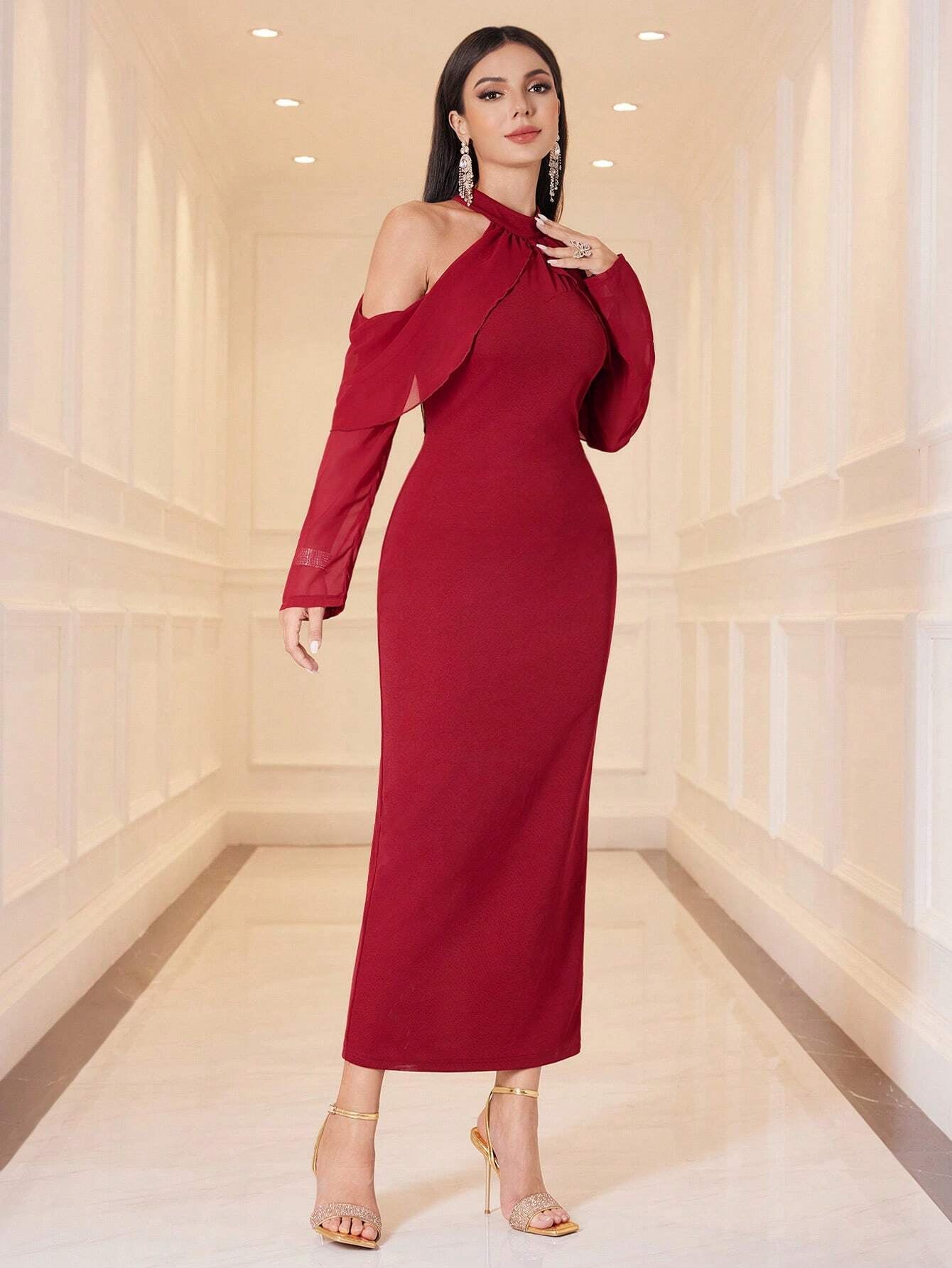 Modely Women'S Long Sleeve Off-Shoulder Hollow Dress without Waist Chain