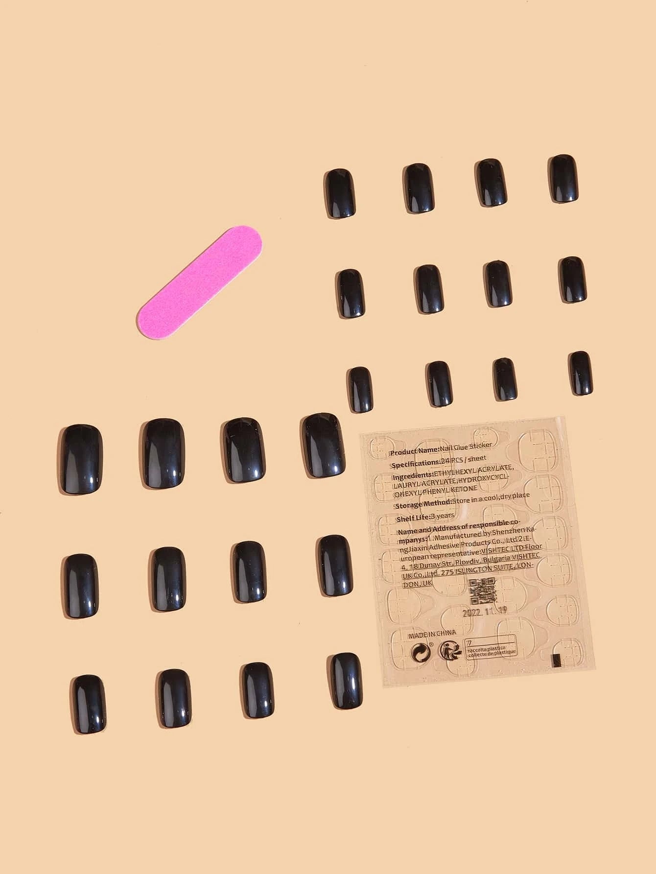 Get Glamorous with 24Pcs Short Square Black Solid Glossy Fake Nail & 1Sheet Tape & 1Pc Nail File