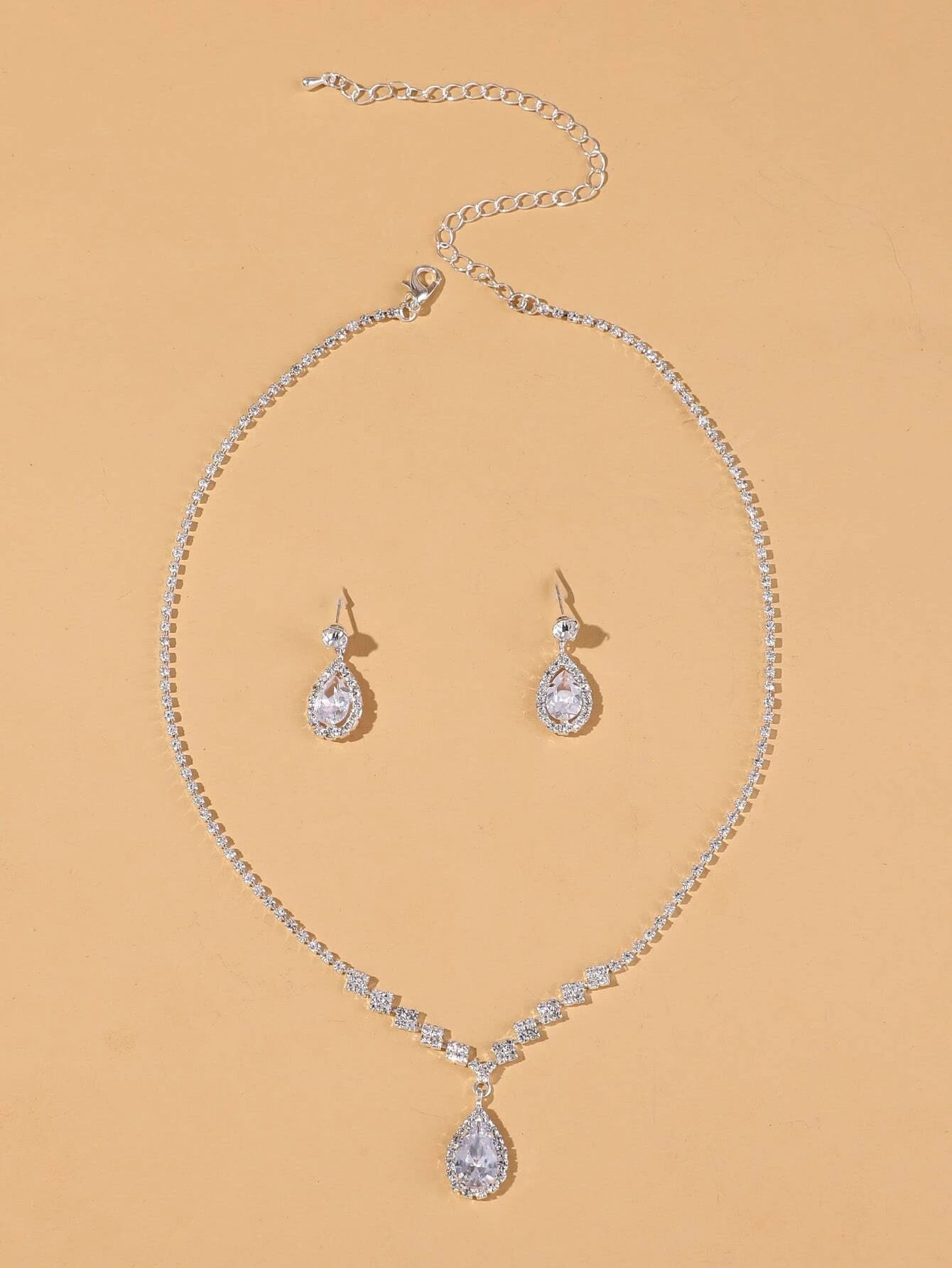 Rhinestone Water-Drop Charm Necklace & Drop Earrings for Women for Party Banquet Wedding