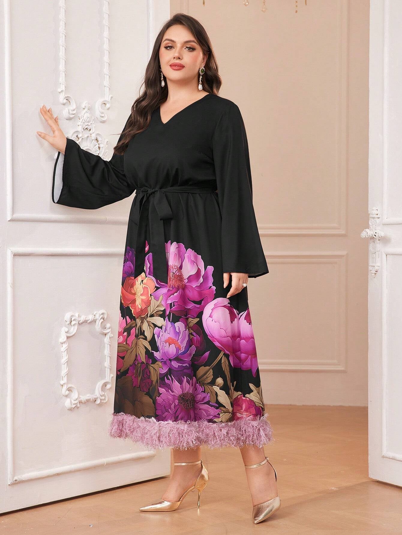 Modely plus Size Flower Print Contrast Plush Hem Belted Dress with Flared Sleeves and Ribbon Decoration