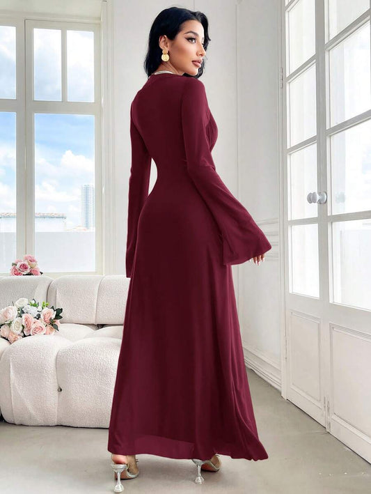 SHEIN Modely فستان عنابي طويل مع كشكشة و كم طويل واسع