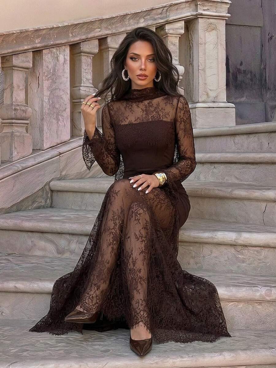 SHEIN Firerie فستان بني بأكمام طويلة وتفاصيل دانتيل وشريط شفاف