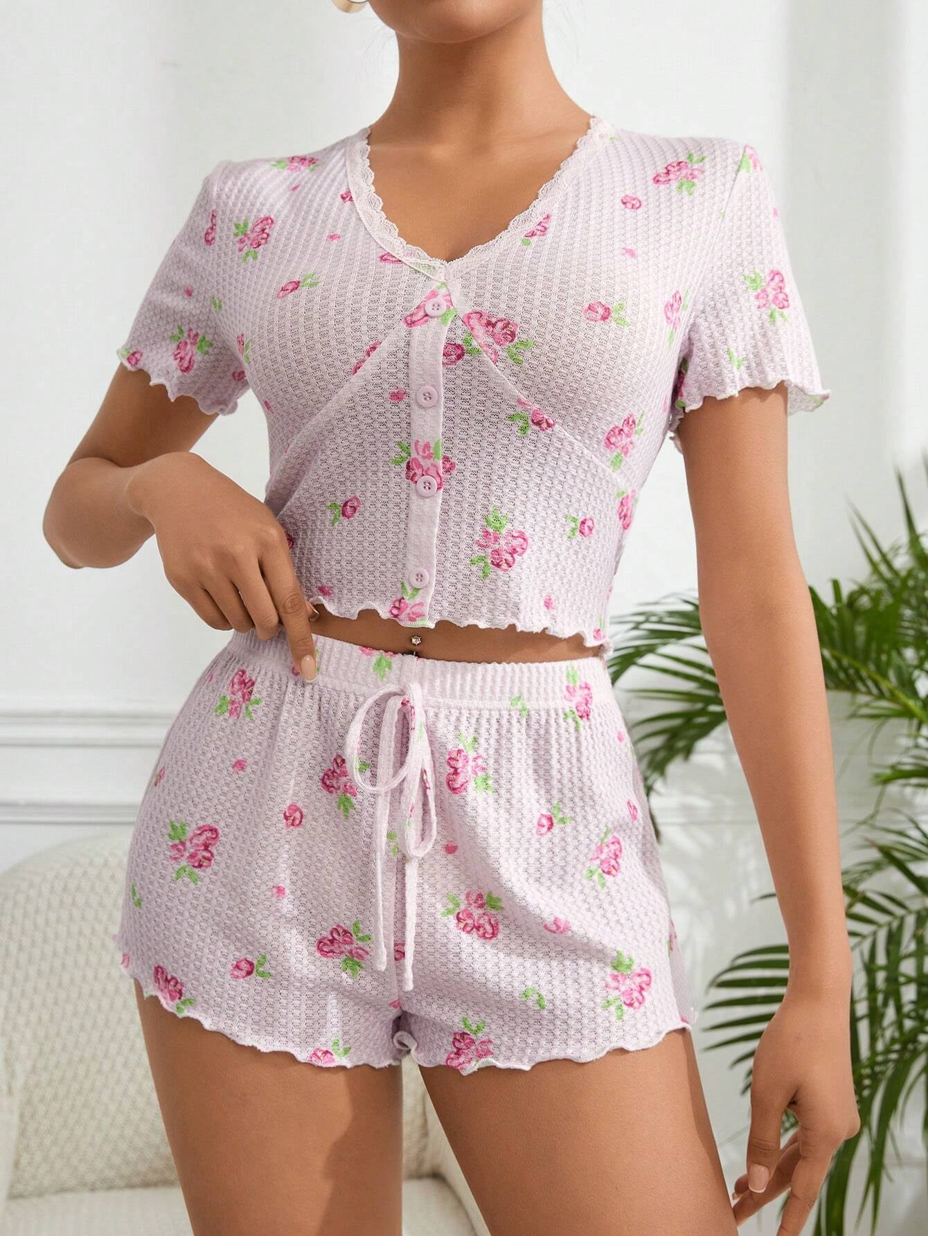 Lace Trim Floral Print Top and Shorts Pajama Set
