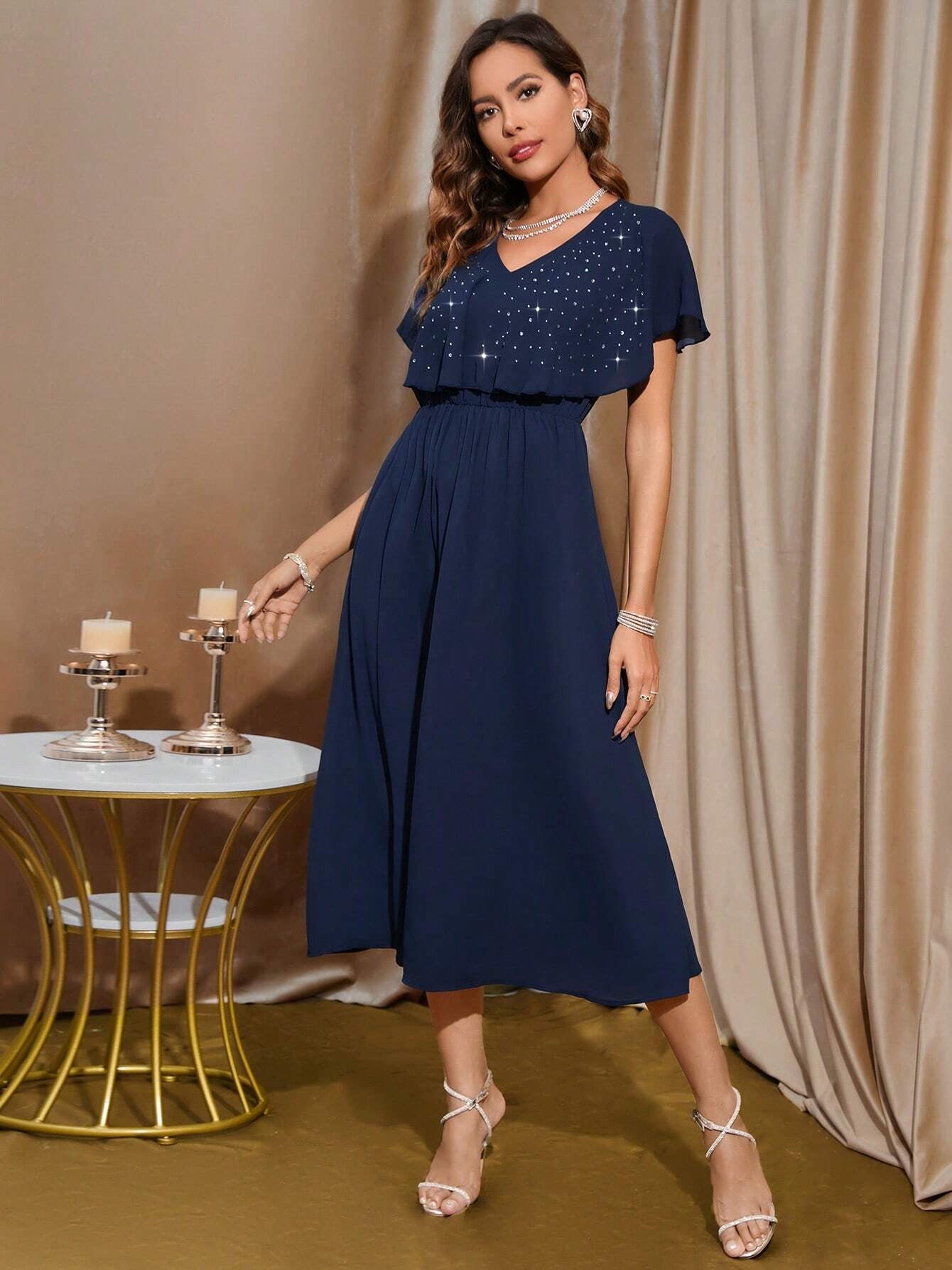 Clasi Rhinestone Beaded Butterfly Sleeve Dress