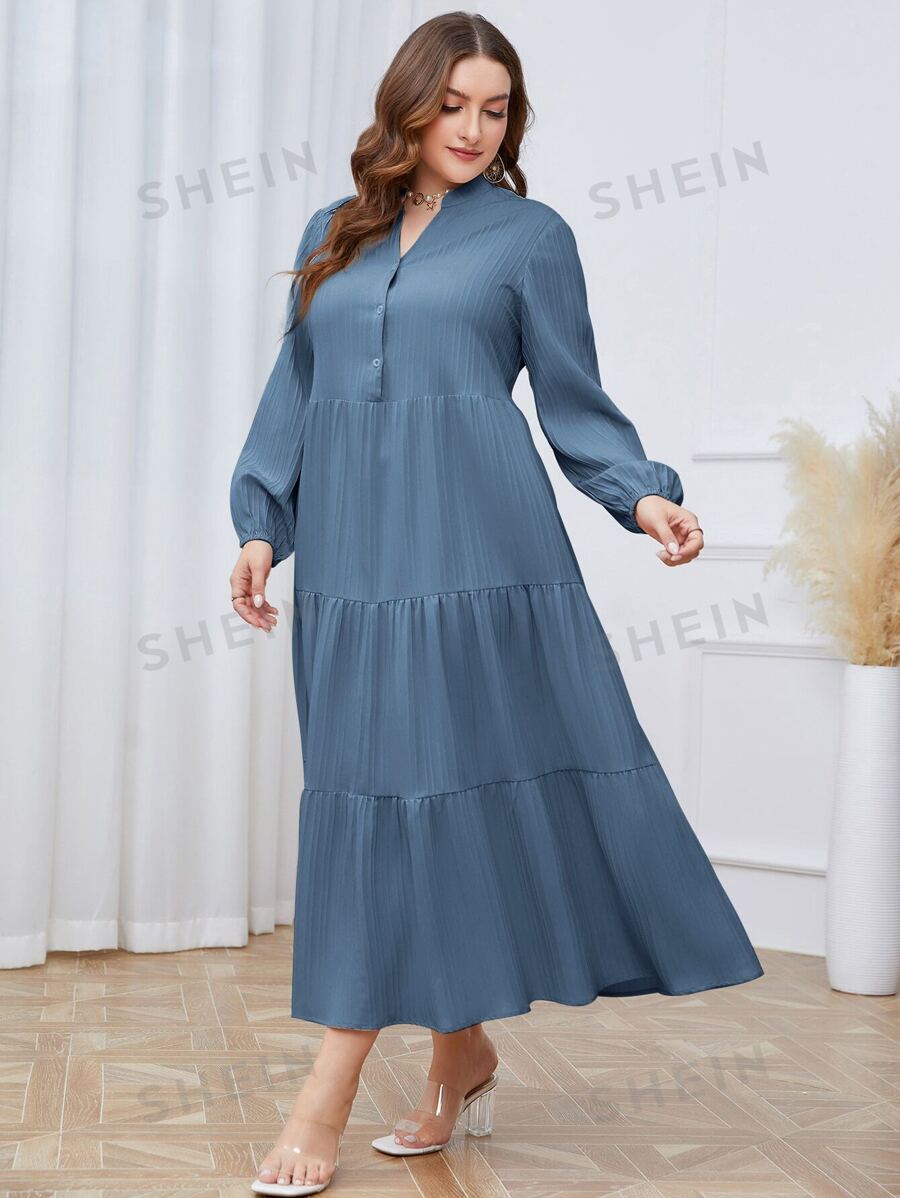 SHEIN Mulvari فستان سموك خط عنق مفتوح حافة مكشكشة مقاس كبير