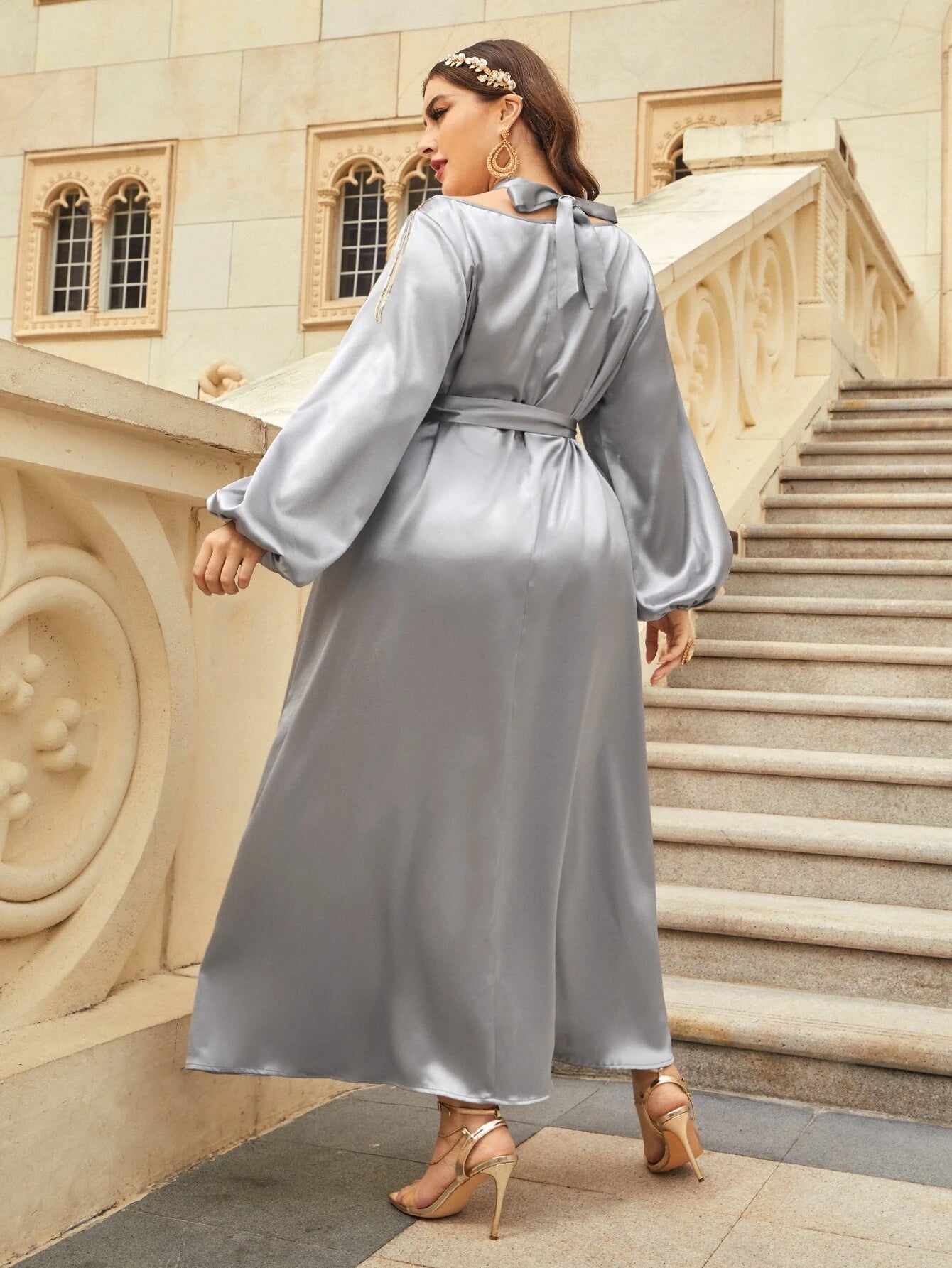 Najma plus Fringe Trim Lantern Sleeve Belted Satin Dress