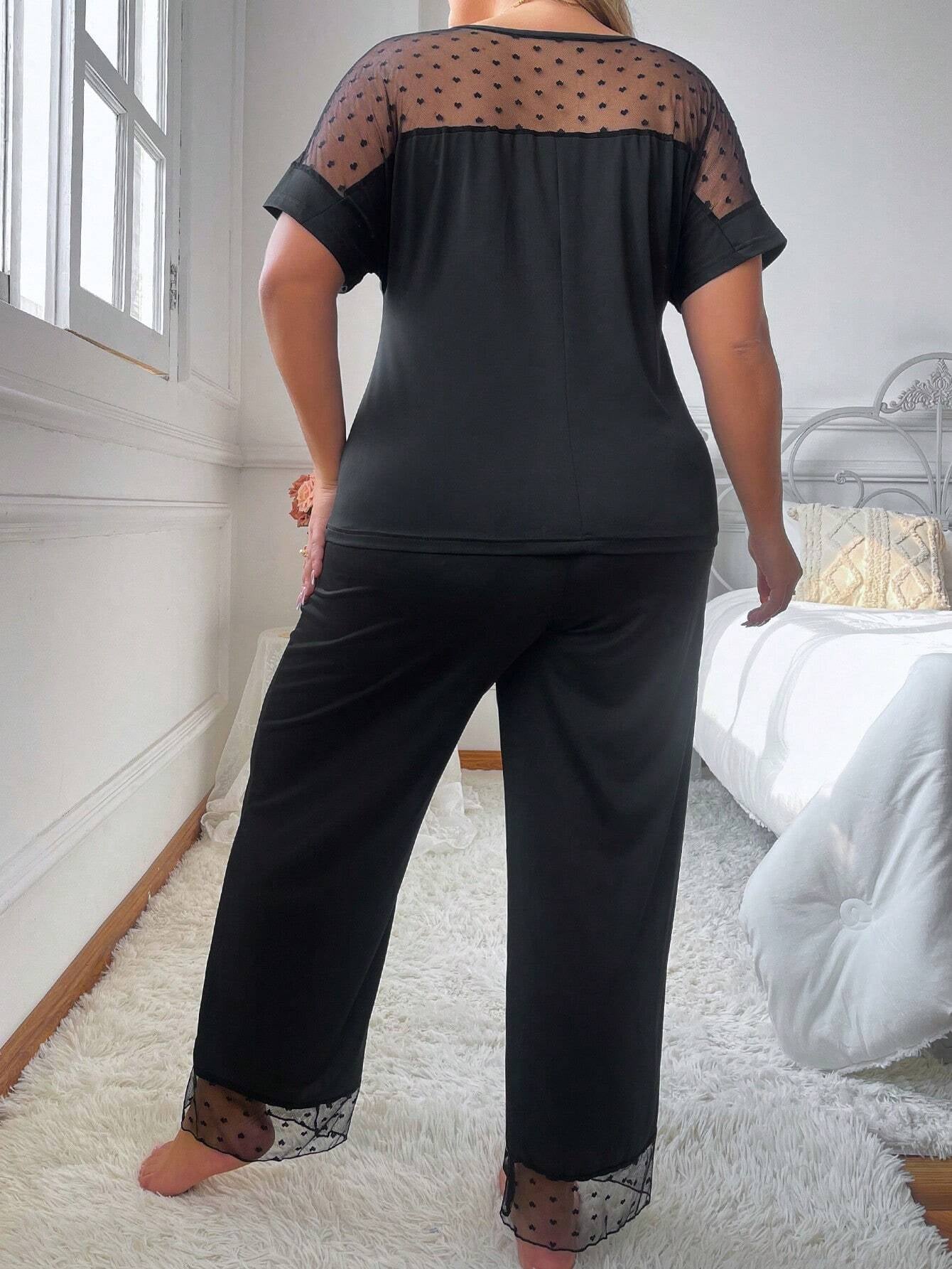 Plus Size Heart Jacquard Mesh Splicing Pajama Set