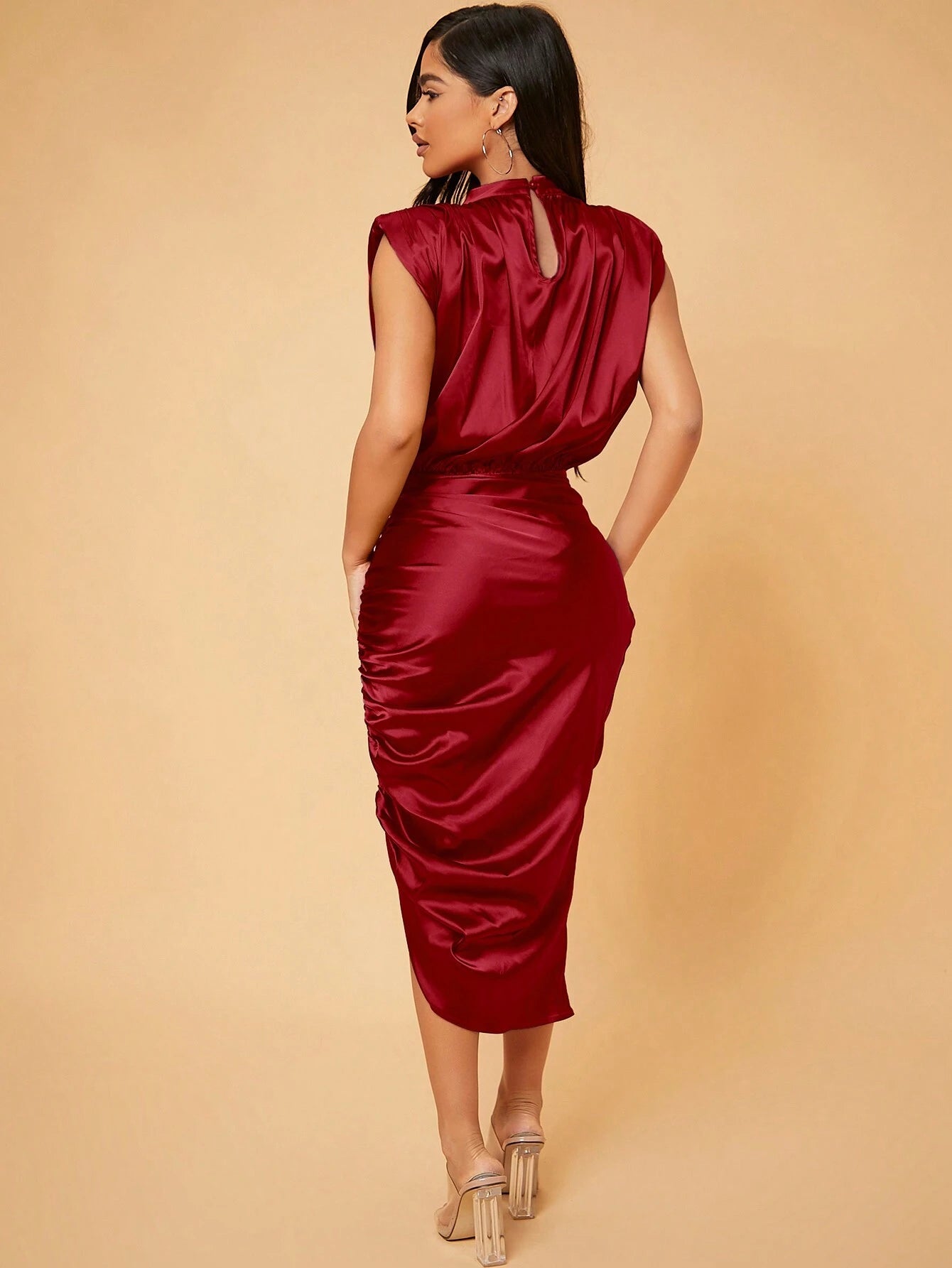 SXY Mock Neck Ruched Asymmetrical Hem Satin Dress