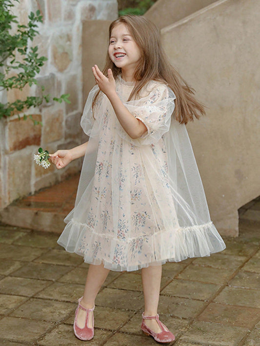 Young Girls' Vintage Floral Patchwork Mesh Bubble Sleeve Dress with Print, Casual Style