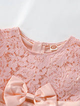 Young Girls Contrast Lace Bow Front Mesh Hem Party Dress
