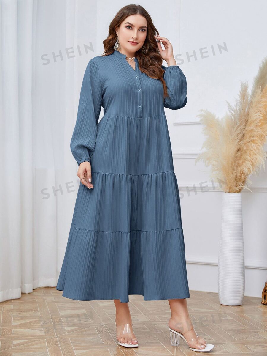 SHEIN Mulvari فستان سموك خط عنق مفتوح حافة مكشكشة مقاس كبير