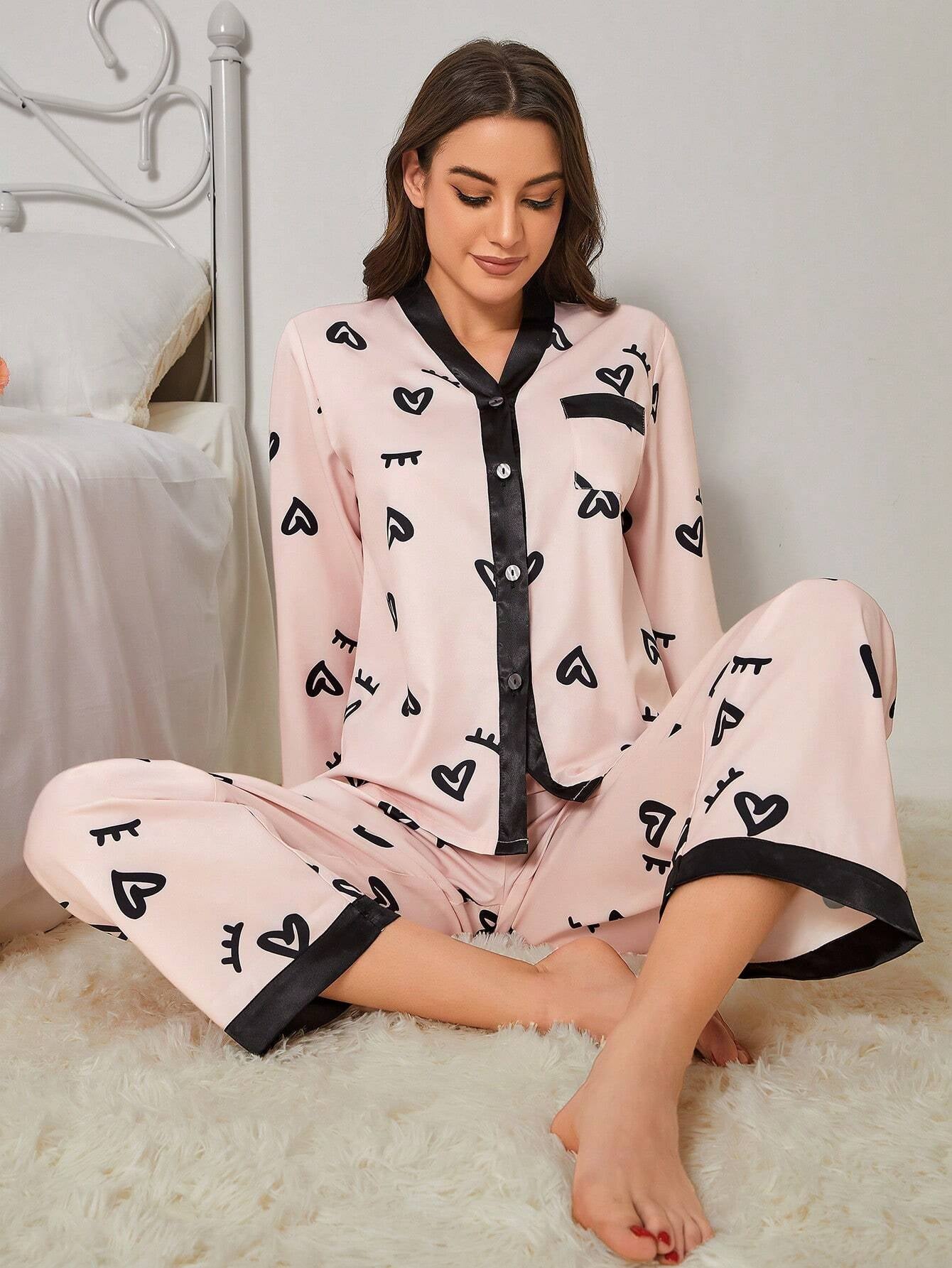 Women'S Eyelash & Heart Print Pajama Set