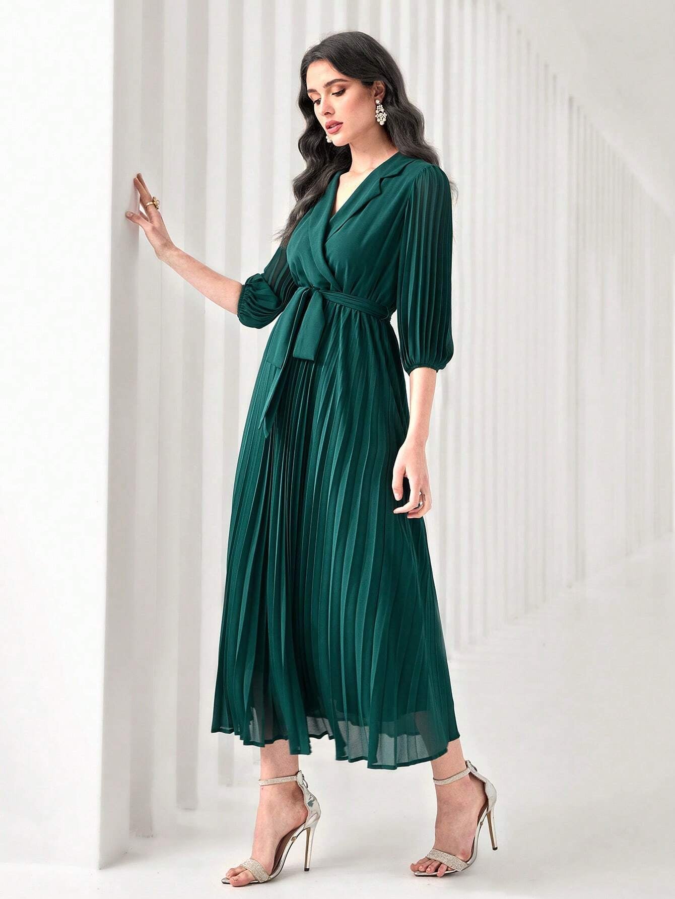 Modely Notch Neck Pleated Hem Belted Dress