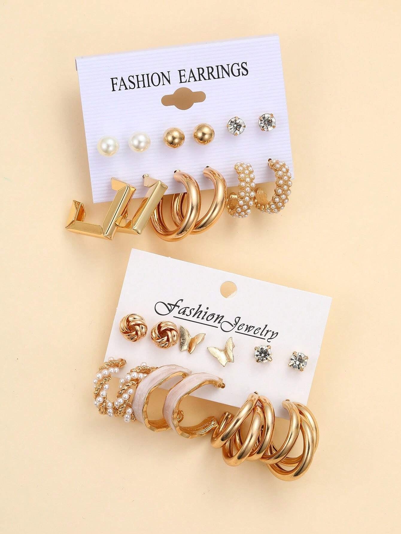 24Pcs Simple Rhinestone Faux Pearl Earrings with Metallic Geometric Design for Women, Perfect for Vacation, Dating, Gifts and Daily Wear