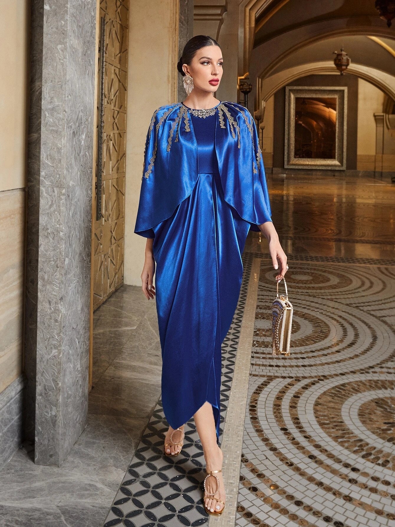 Modely Rhinestone Detail Batwing Sleeve Wrap Hem Dress