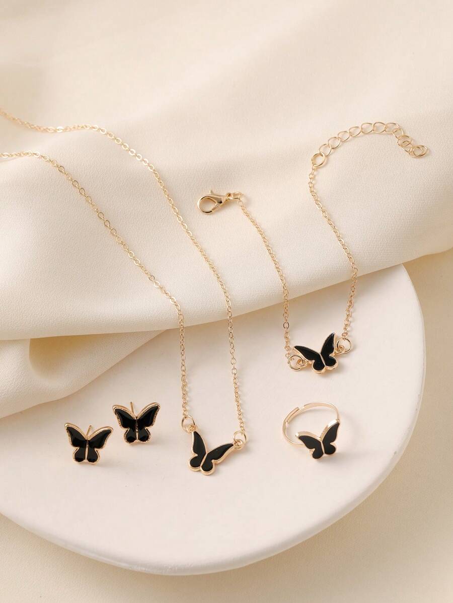 مجموعة مجوهرات تحتوي على تصميم فراشة 4قطع/طقم مع تأثير قطرة الزيت للعقد والأقراط والخاتم