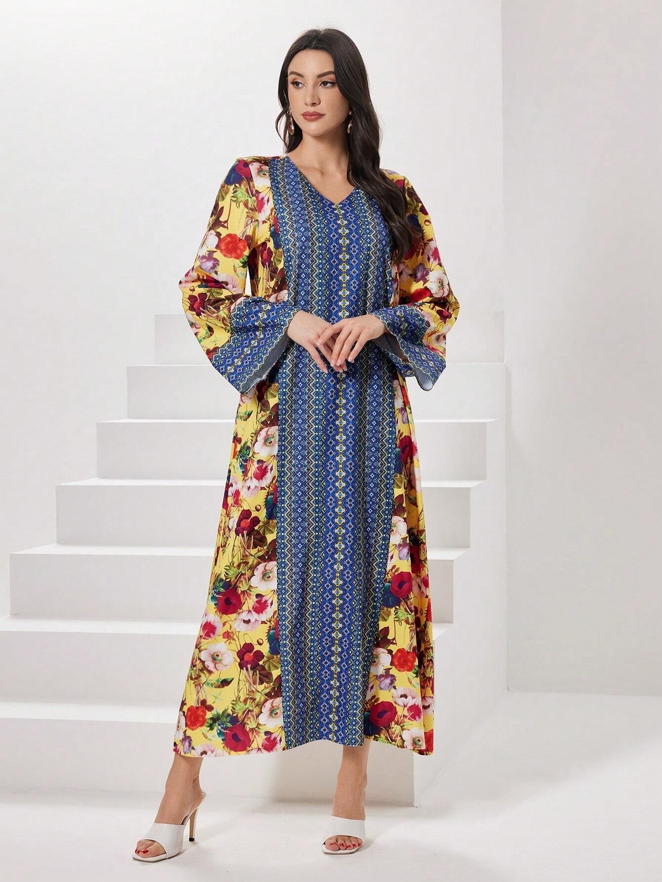 Najma Floral Print V Neck Flounce Sleeve Dress