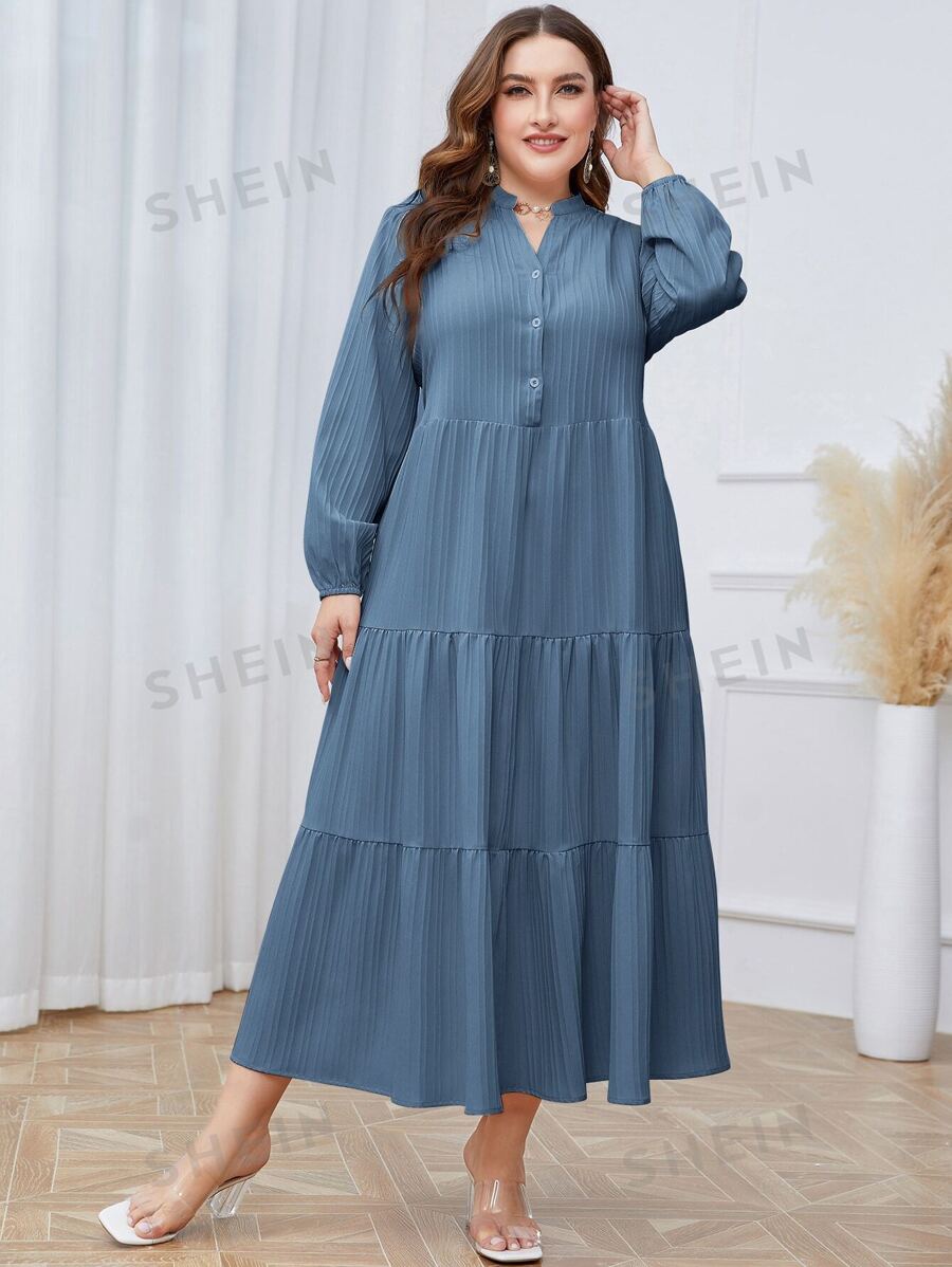 SHEIN Mulvari فستان سموك خط عنق مفتوح حافة مكشكشة مقاس كبير