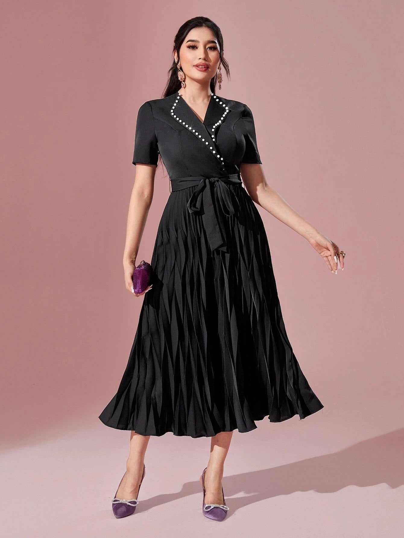 Modely Pearls Beaded Detail Belted Pleated Hem Dress