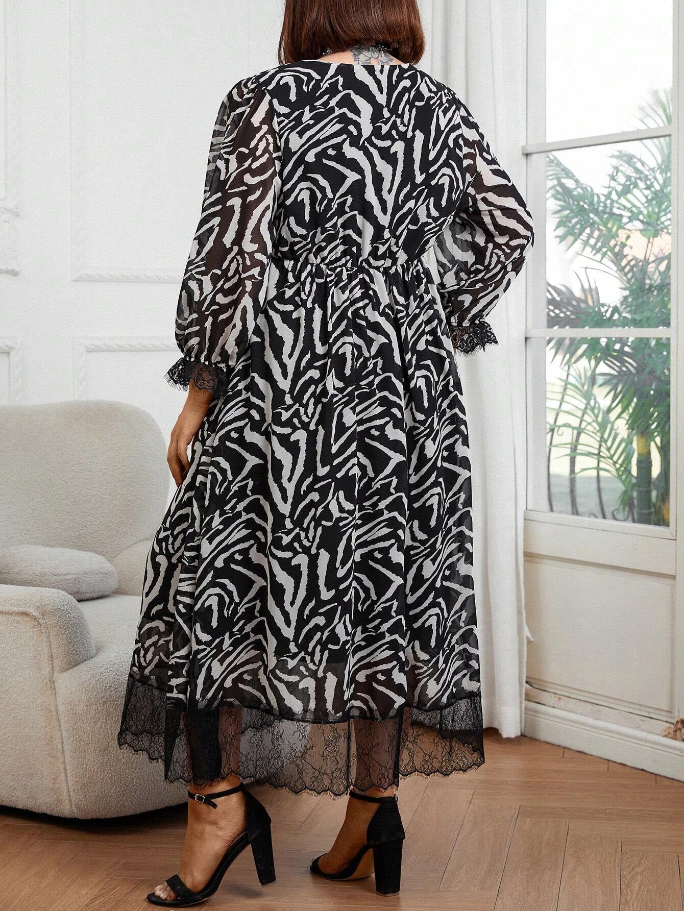 Plus Size Women'S Casual Patchwork Lace Sleeve Cuff Zebra Stripe Dress