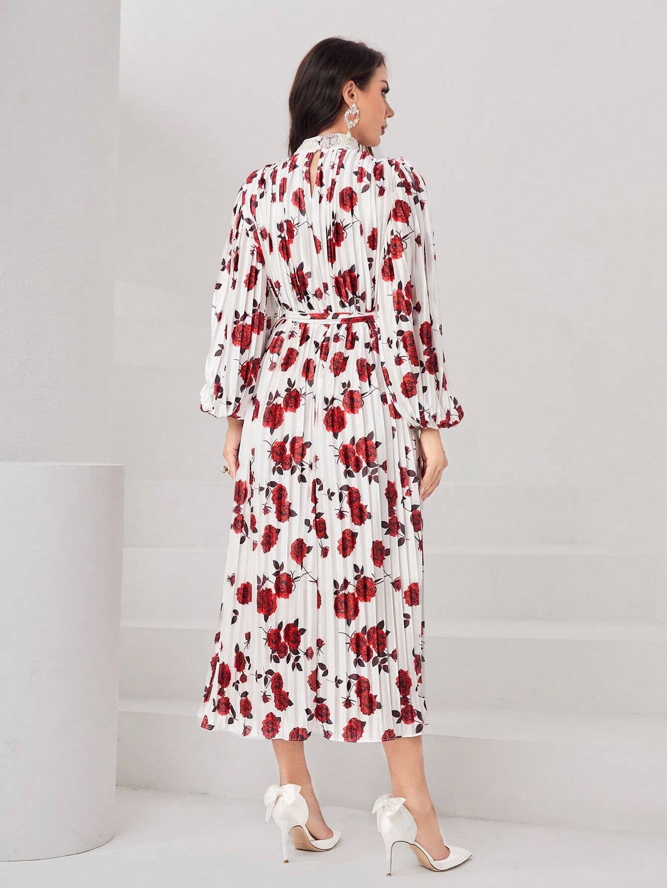 Modely Women'S Stand Collar Lantern Sleeve Floral Print Dress with Pleated Hem