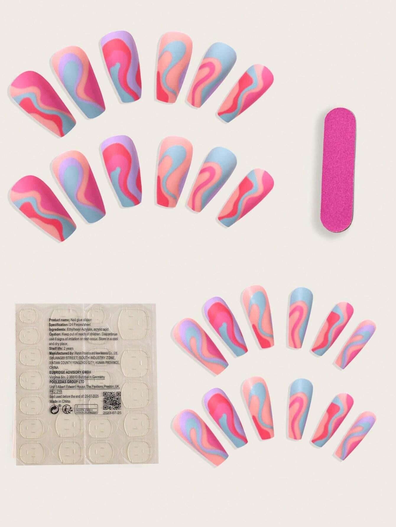 Marble Pattern, Silver Glitter, Medium Sized Coffin False Nails Set (24 Pcs) + Jelly Glue (1 Pc) + Nail File (1 Pc)