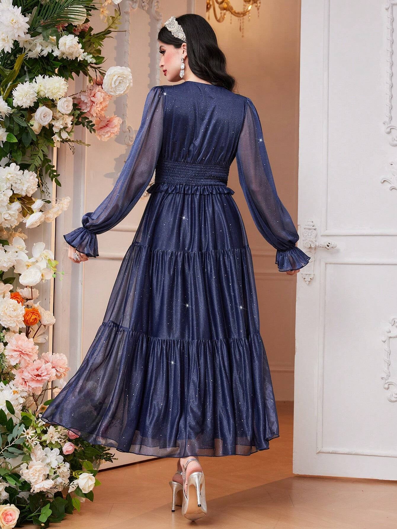 Modely Women'S Mesh Overlay Dress with Asymmetric Ruffled Hem Waist Shirred