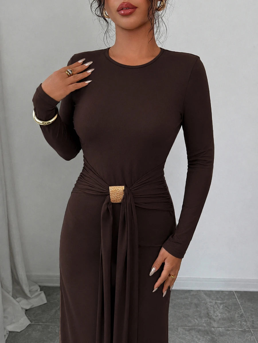SHEIN Selianne فستان طويل بلون بني داكن أنيق