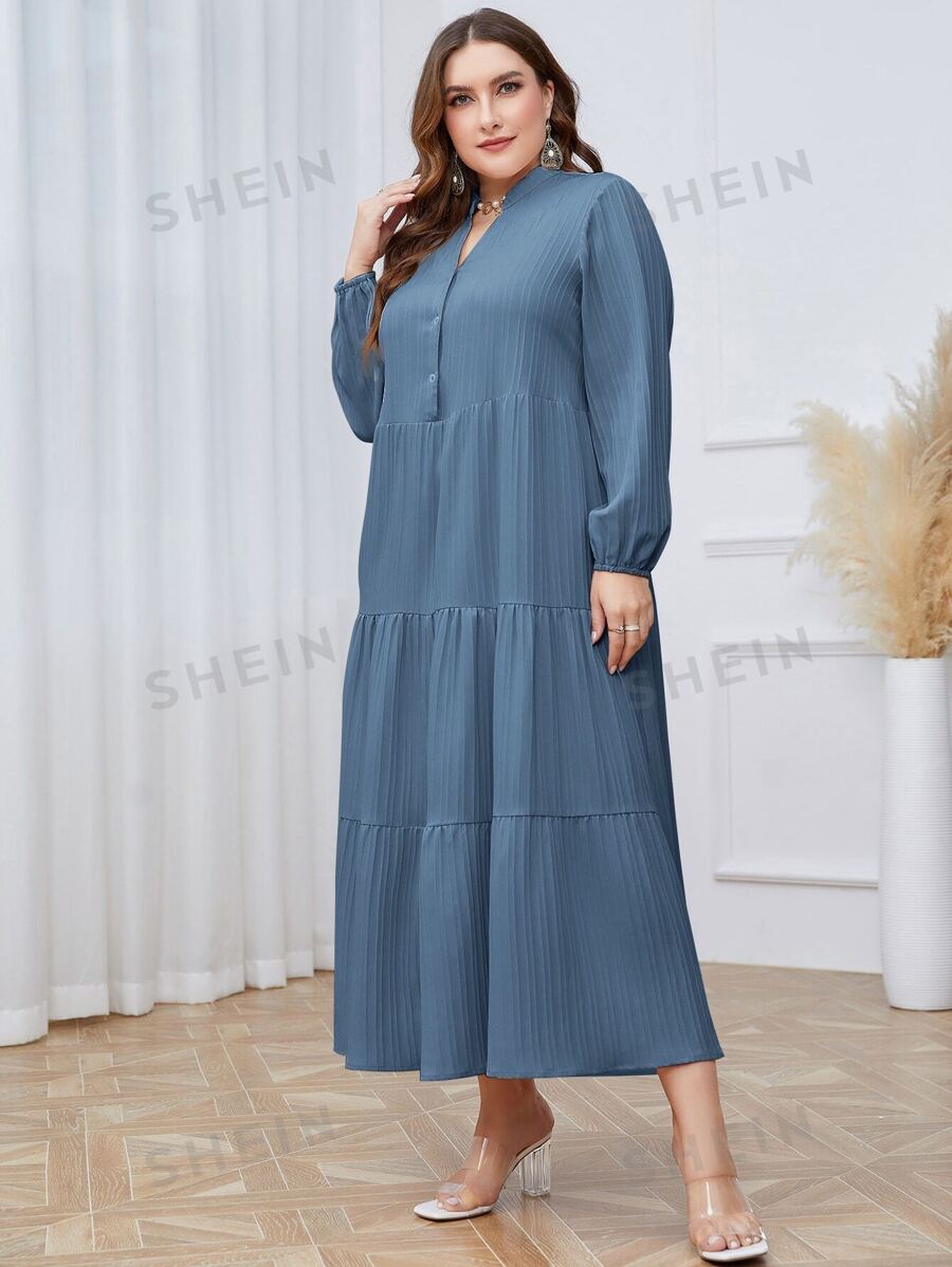 SHEIN Mulvari فستان سموك خط عنق مفتوح حافة مكشكشة مقاس كبير