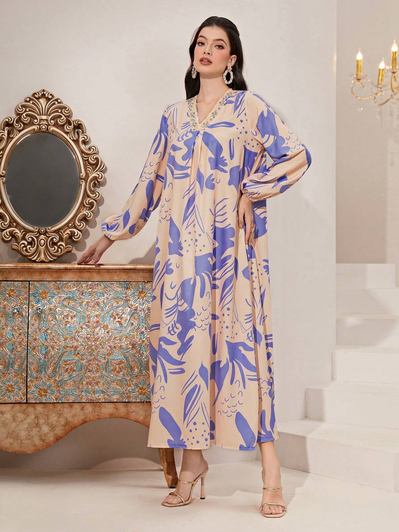 Najma Floral Print Lantern Sleeve Dress