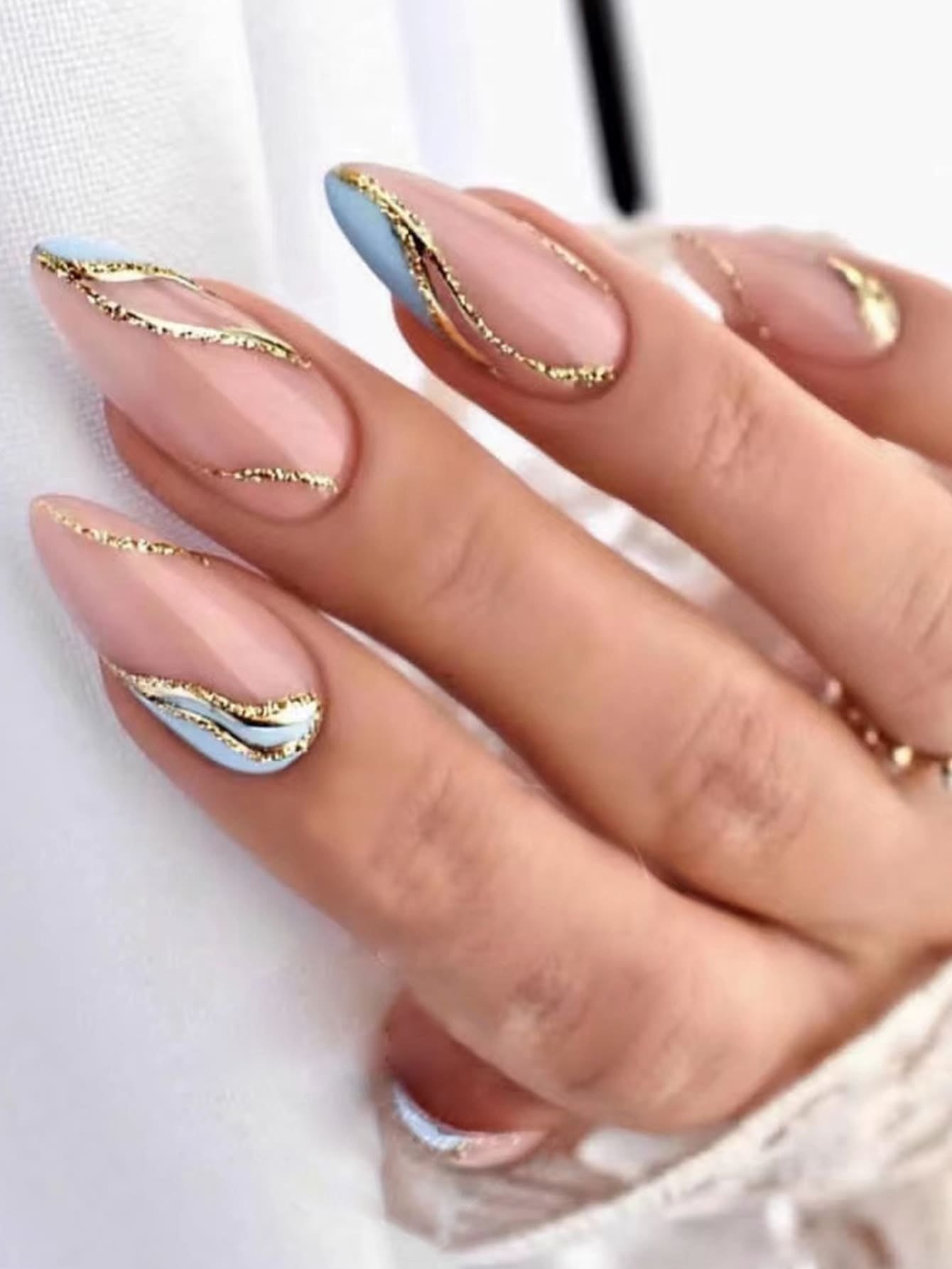 Get Glamorous with 24Pcs Long Almond Golden Line Glitter Fake Nail & 1Pc Nail File & 1Sheet Nail File